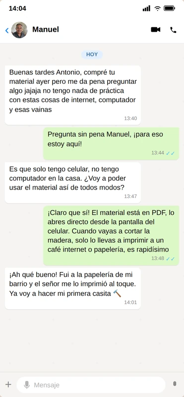 Conversación de WhatsApp del testimonio de Manuel
